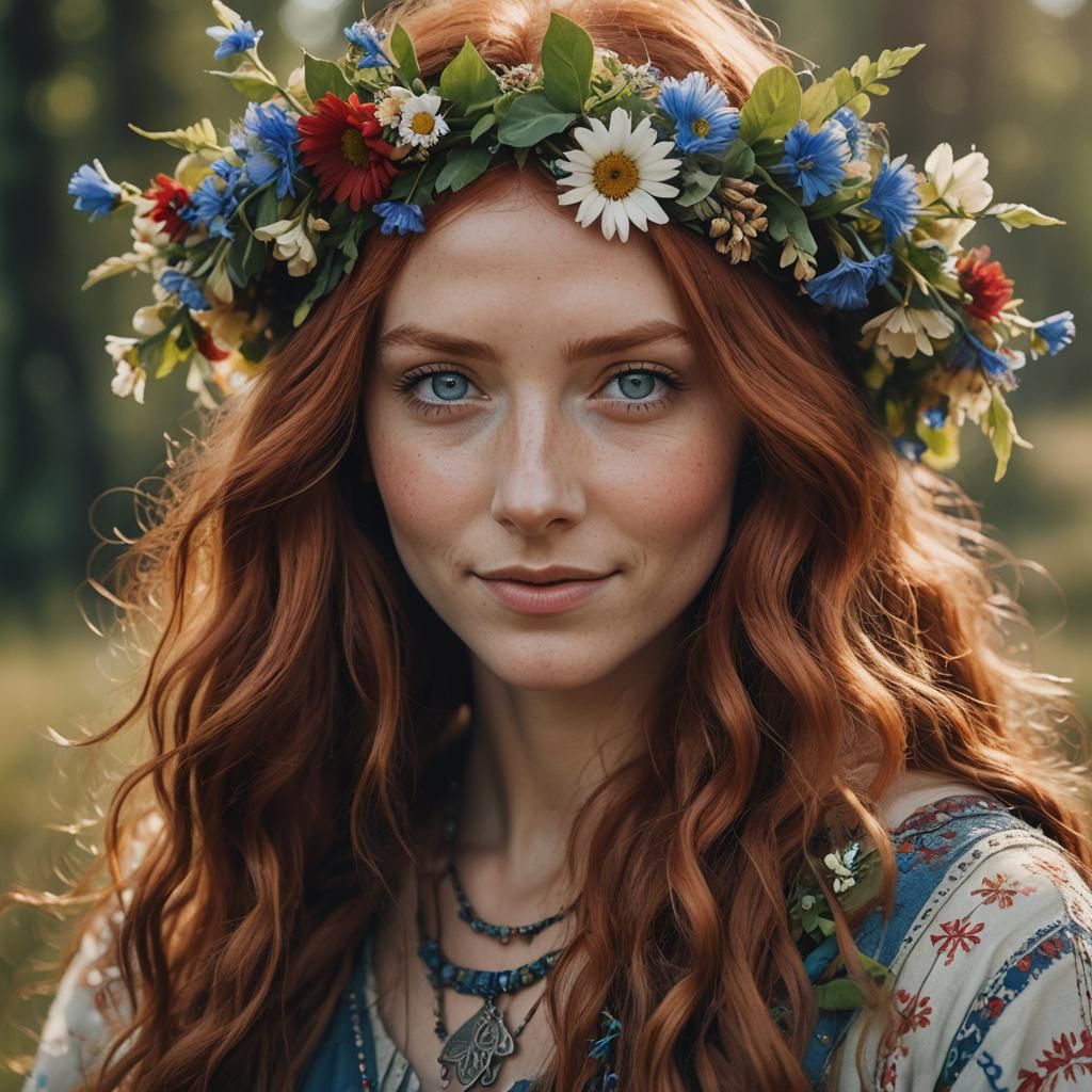 Red-Haired Girl with Flower Wreath in Dreamy Lighting