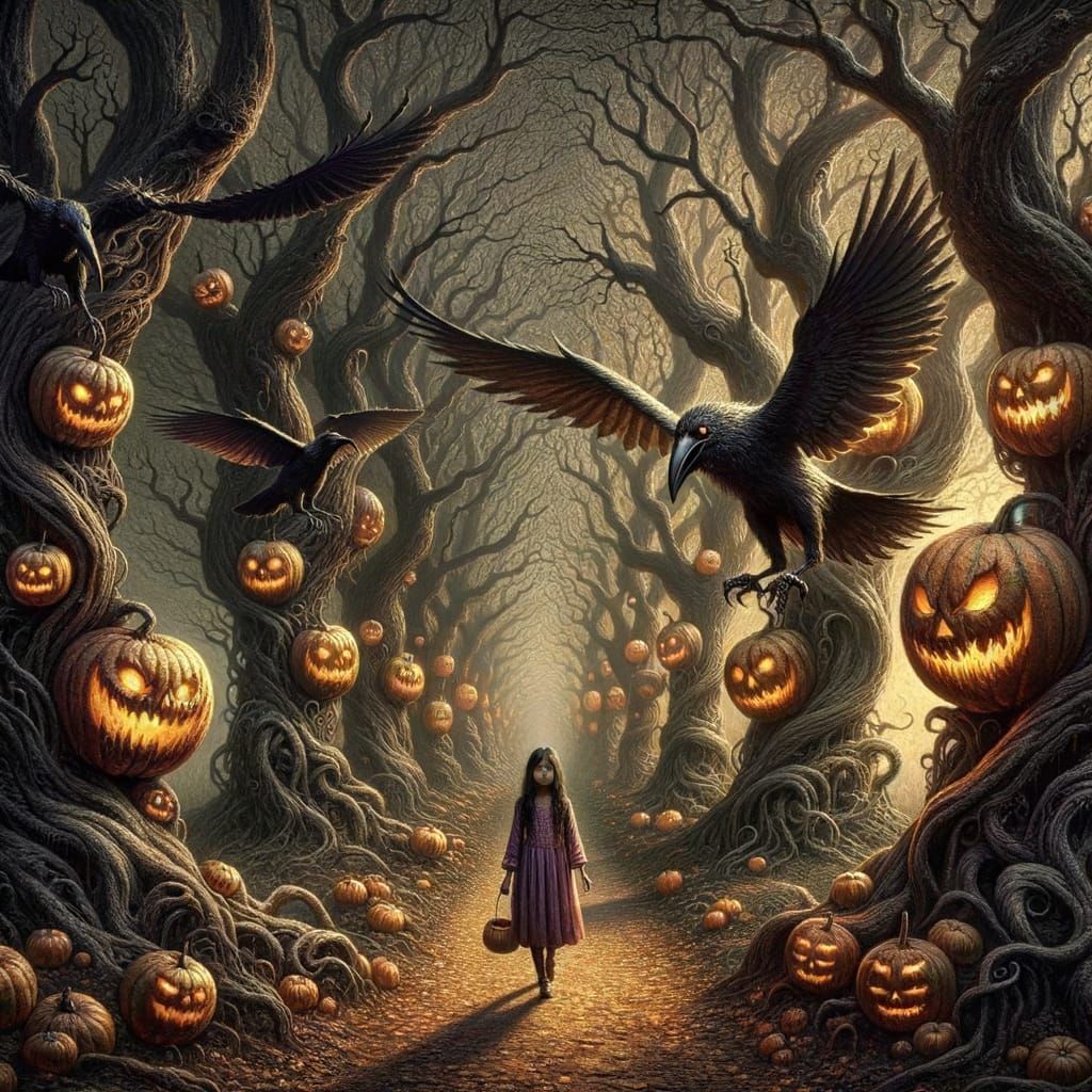 Haunting Halloween Path with Jack-o'-Lantern Ravens