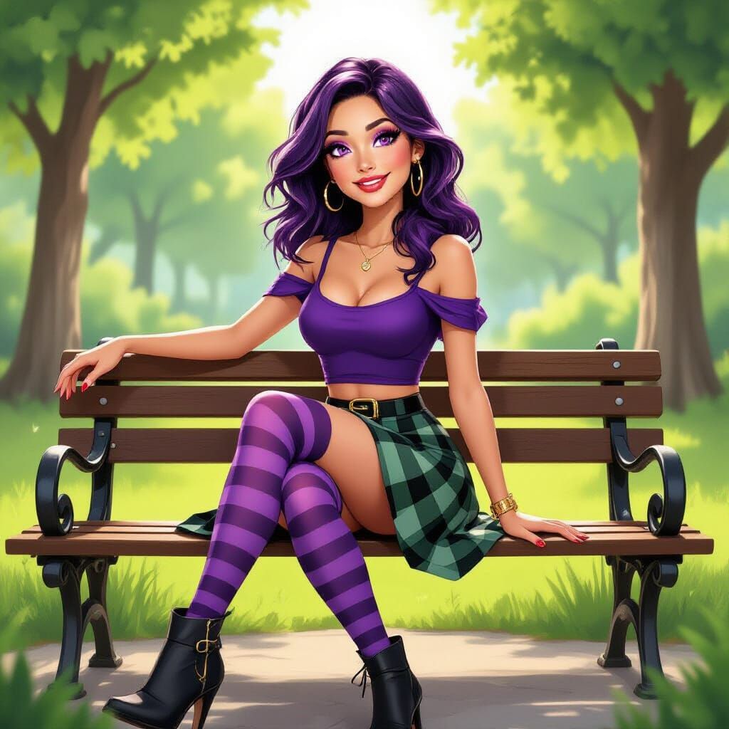 Cheerful Alt Girl with Purple Hair in Park