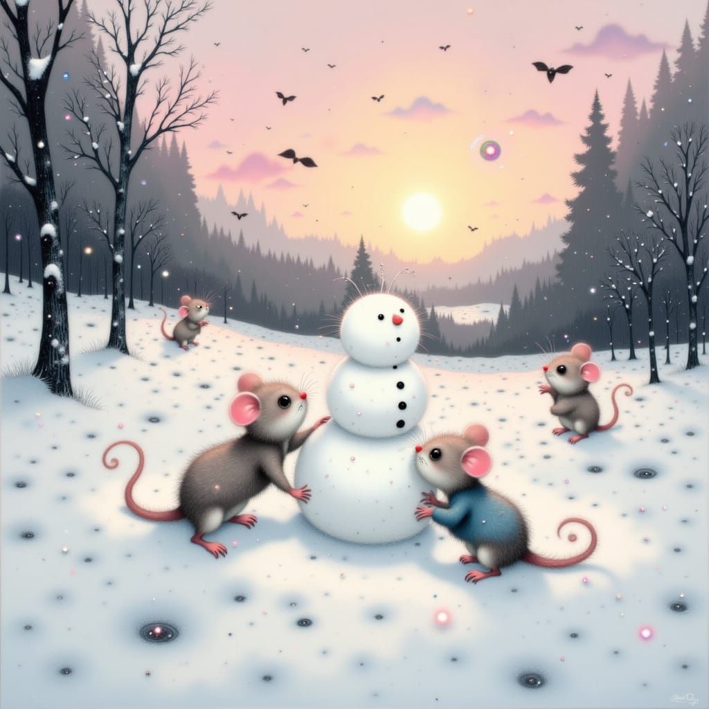 Adorable Mice Build Snowman at Winter Sunrise