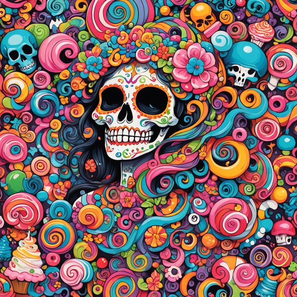 Skull with Colorful Butterflies in Gouache Style