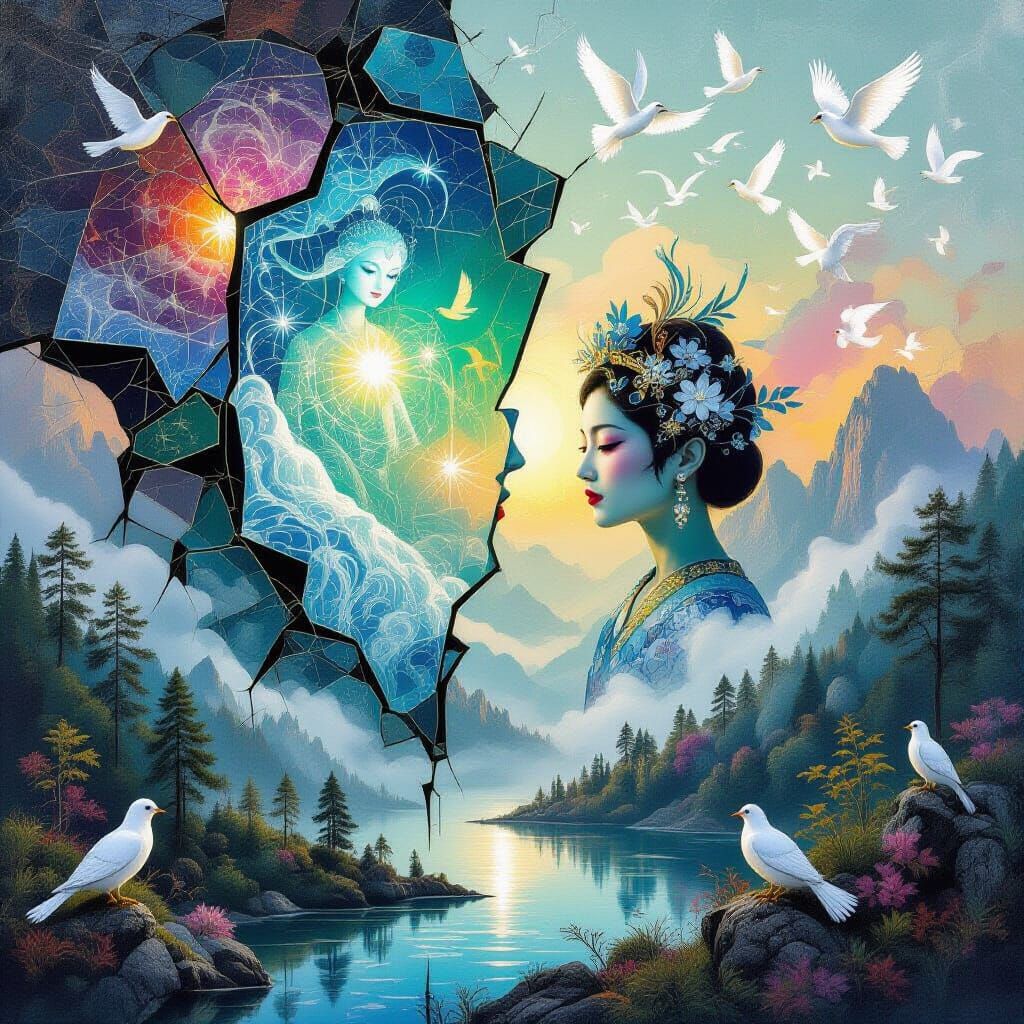 Surreal Collage: Mythical Creatures in Dreamlike Scene