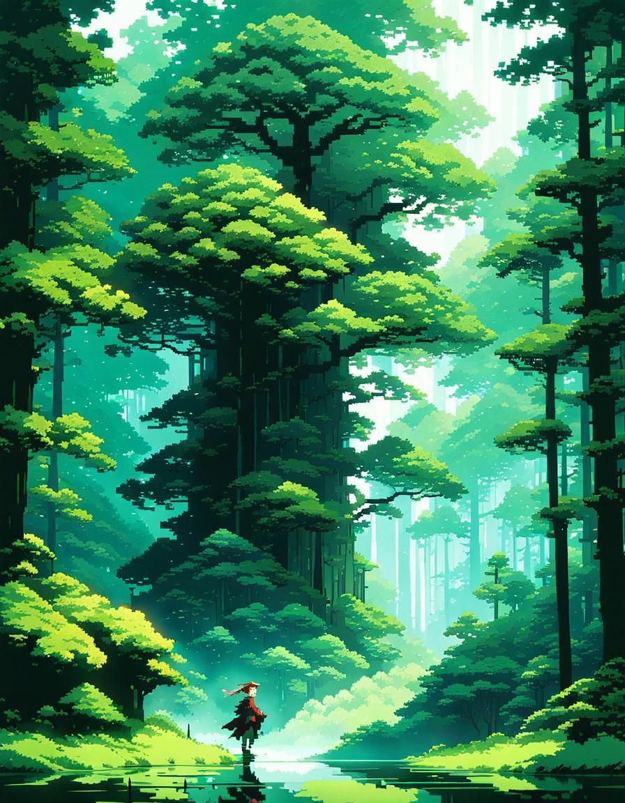 Pixel Art Elf in Magical Forest Landscape