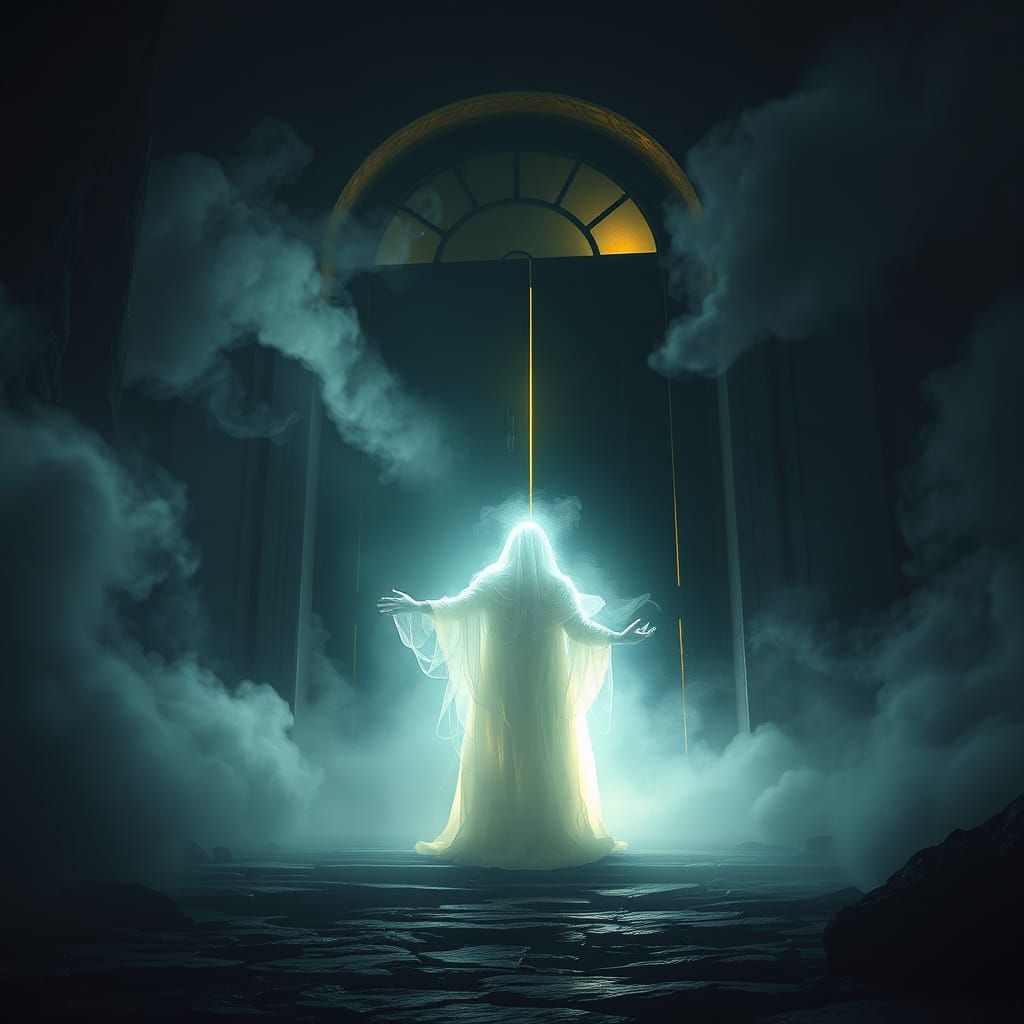 Ethereal Figure Before Ominous Black Door in Dark Fantasy St...