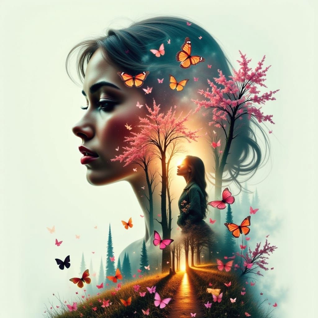Double Exposure Portrait: Woman, Cat, Landscape, Butterflies