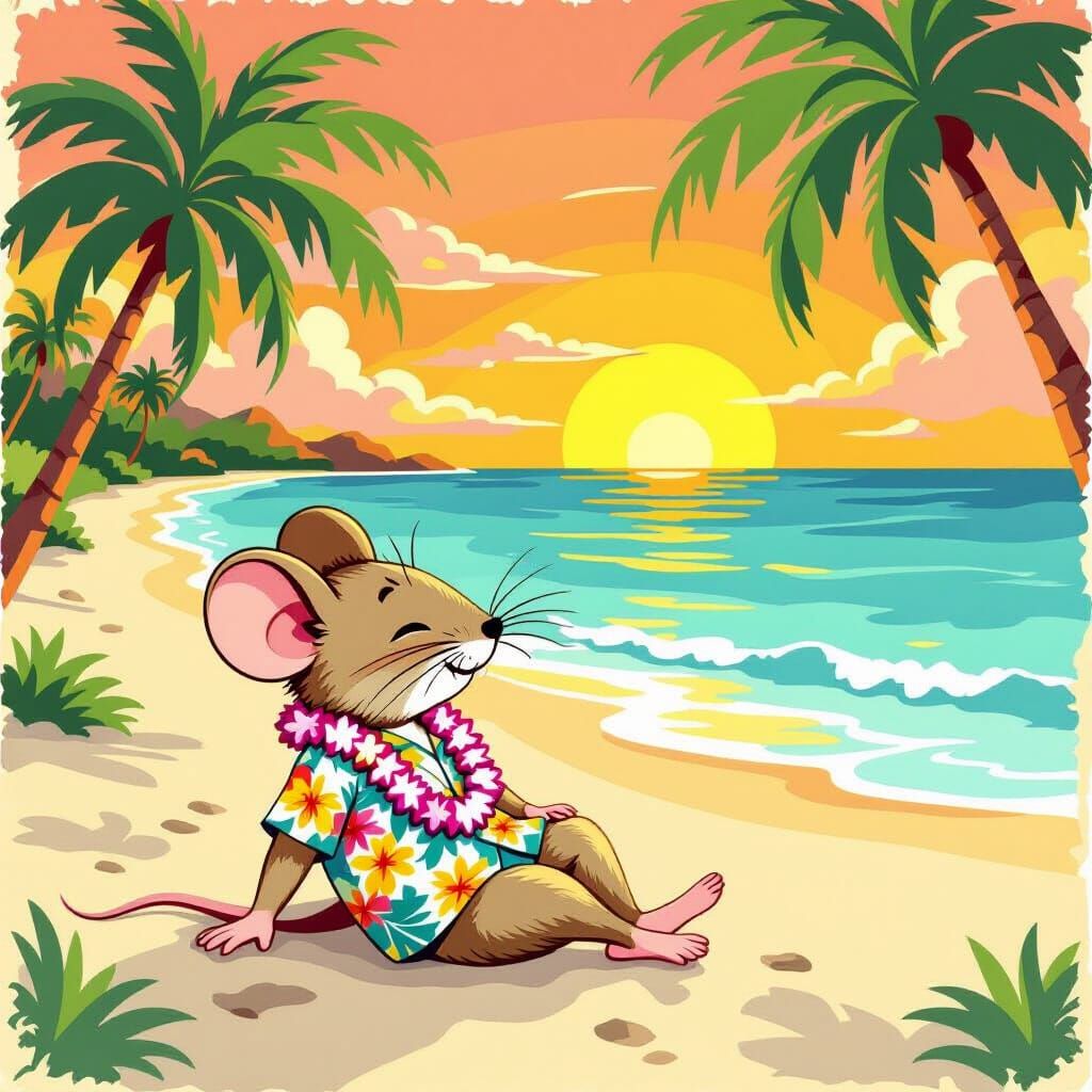 Whimsical Mouse Relaxing on a Hawaiian Beach Sunset