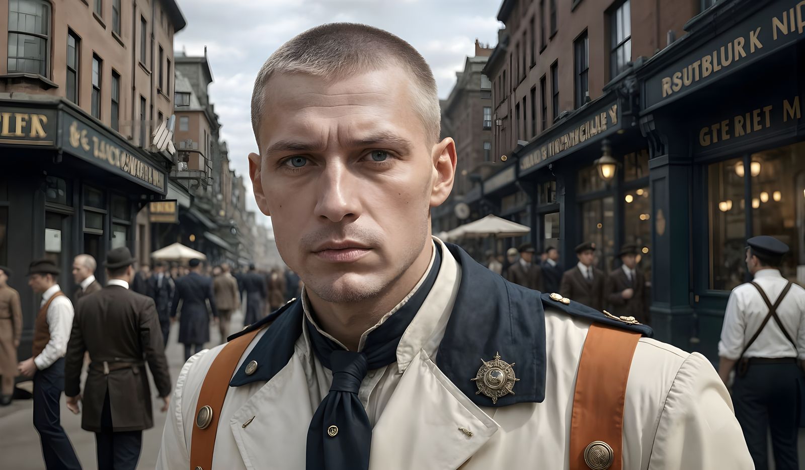 WWI Sailor in Steampunk Metropolis, Cinematic Style