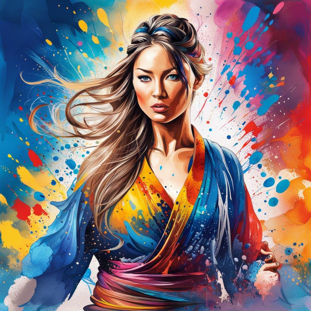 Kung Fu Woman with Liquid Paint Dress