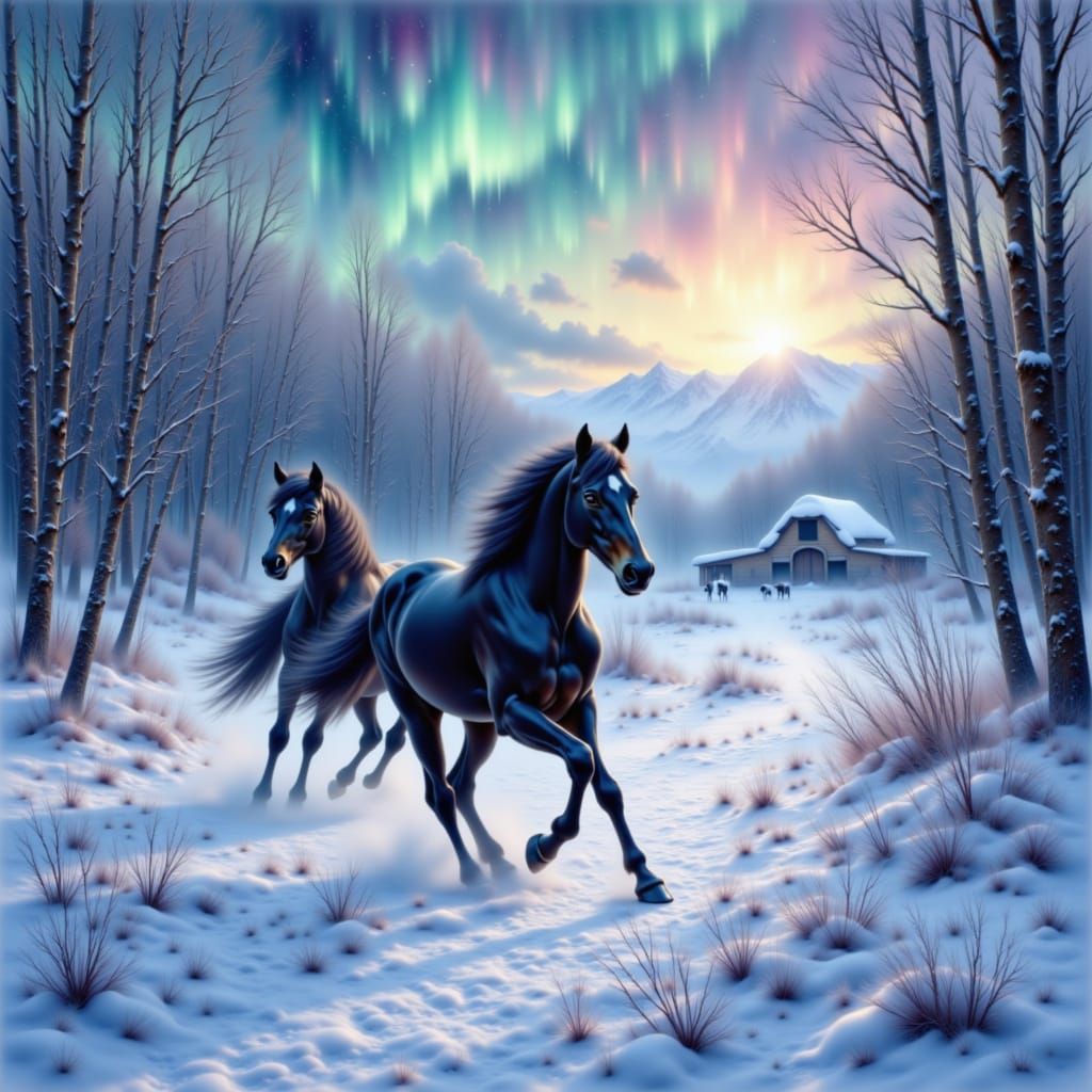 Ethereal Black Horses Gallop Through Snowy Aurora Landscape