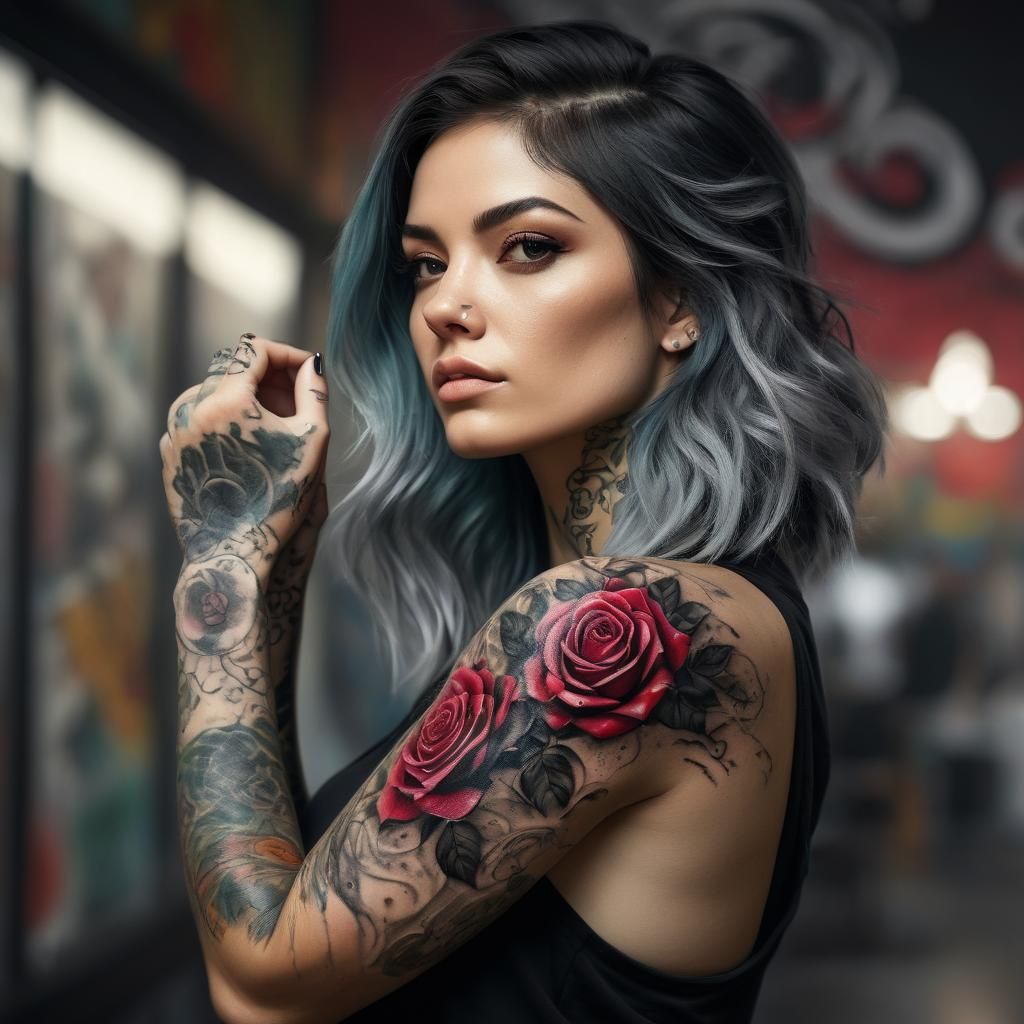 Hyperrealistic Tattooed Girl in Splash Art Style