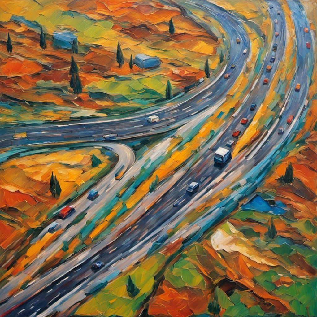 Colorful Highway: Post-Impressionist Aerial View