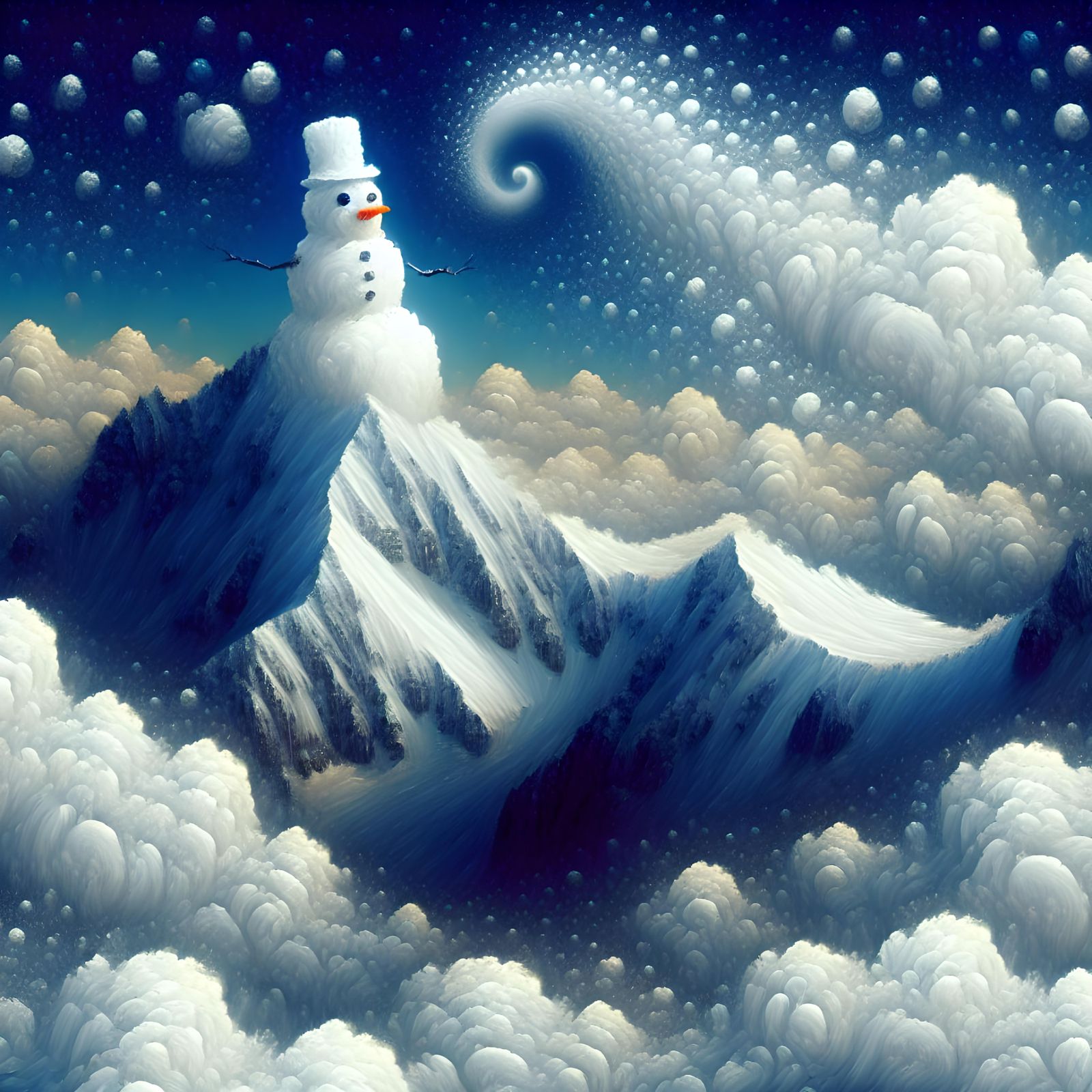Snowy Mountain Peak With Lonely Snowman, in Surreal Style