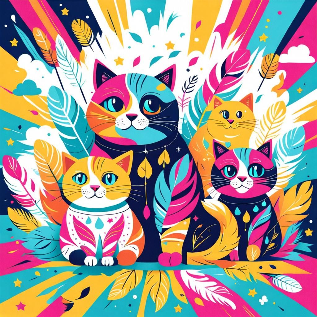 Cats, Kittens, and Feathers in a Whimsical Style