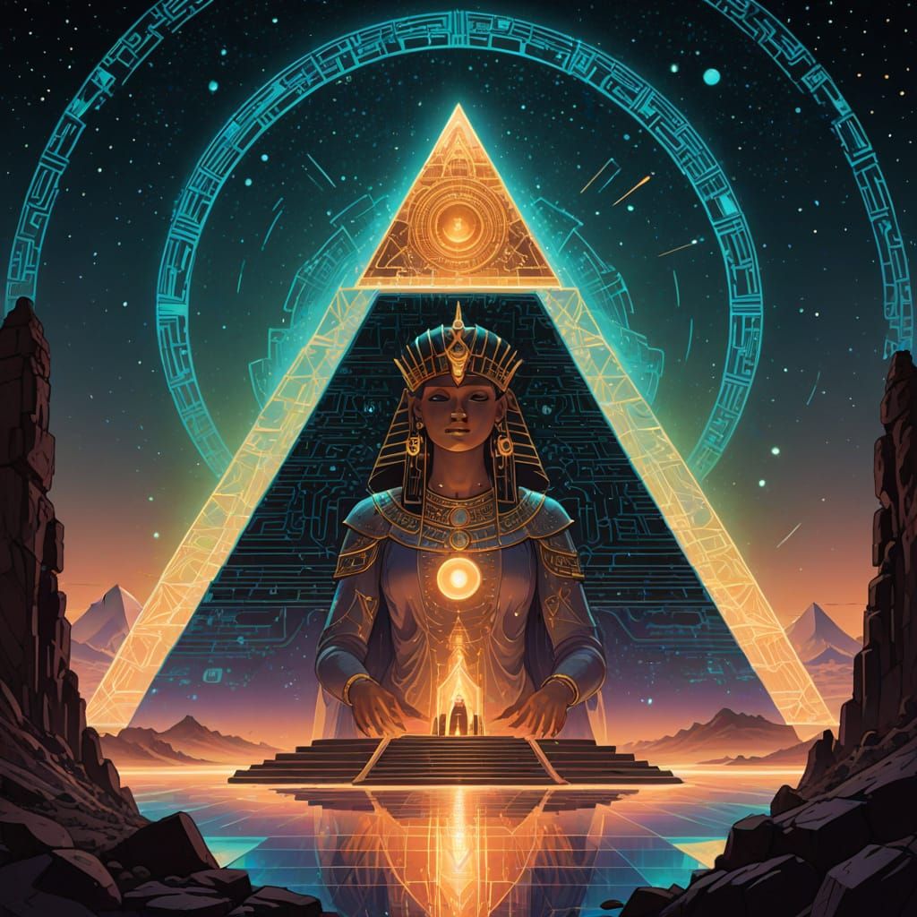 Digital Pyramid in Space with Binary Code and Neon Edges