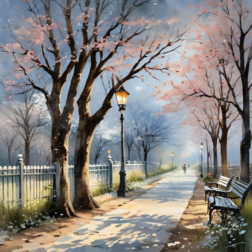 Falling Snowflakes and Blossoms in Watercolor Style