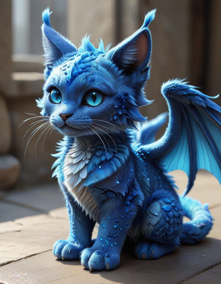 Adorable Blue Cat Dragon in Anime Style