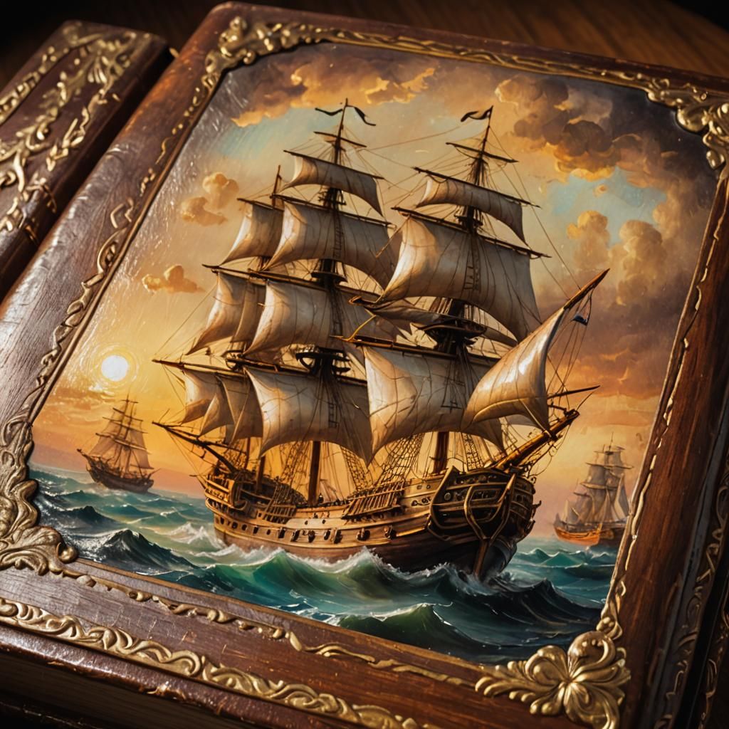 Classic Oil Painting of Leather-bound Book with Sailing Ship