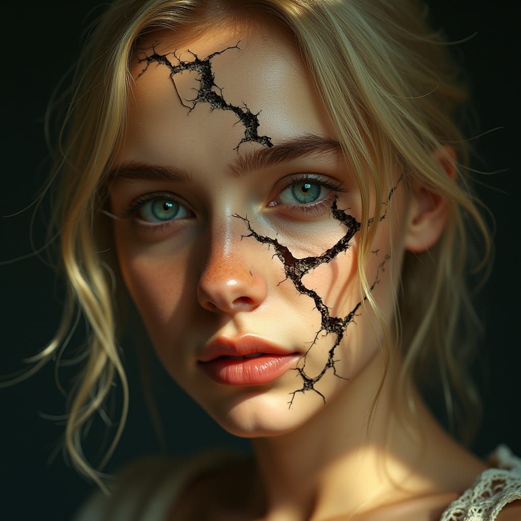 Shattered Portrait of a Young Blonde Woman with Green Eyes