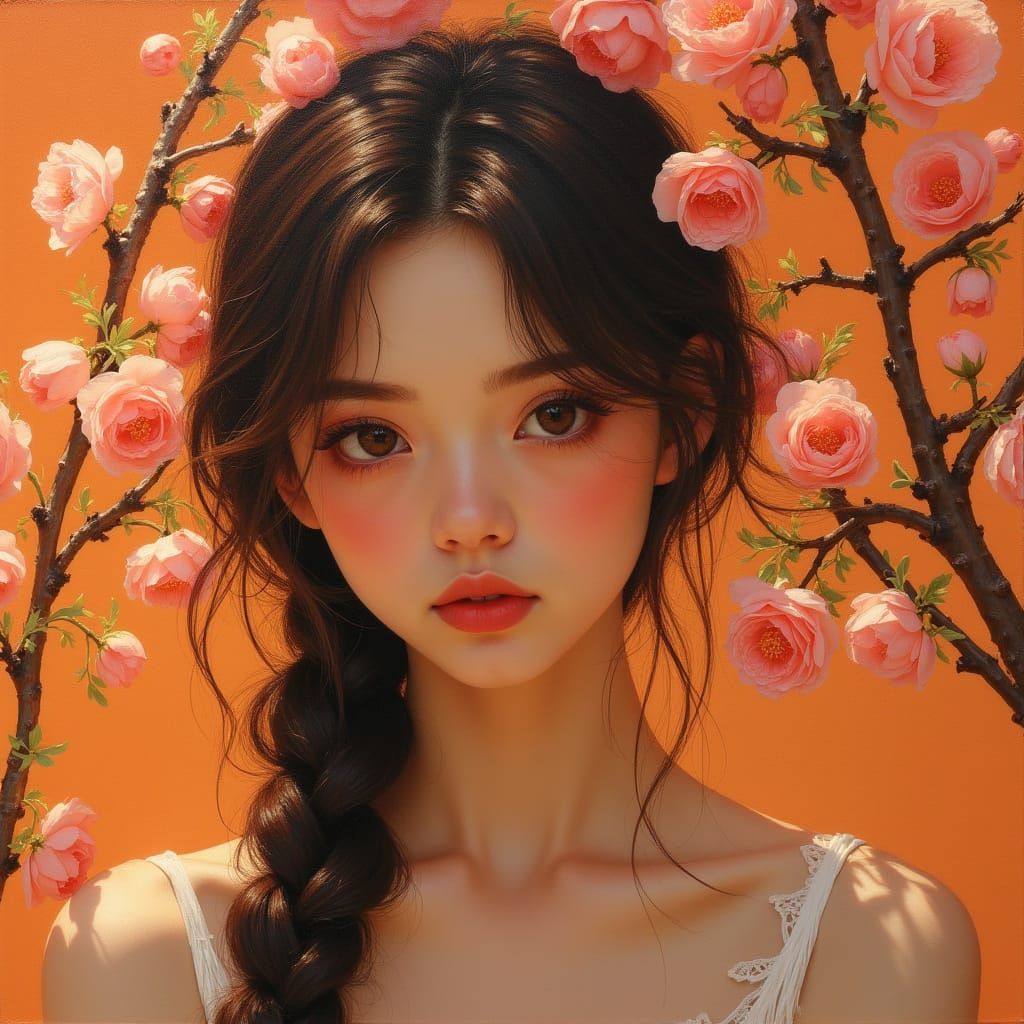 Ethereal Apricot Blossom Portrait in Vibrant Colors