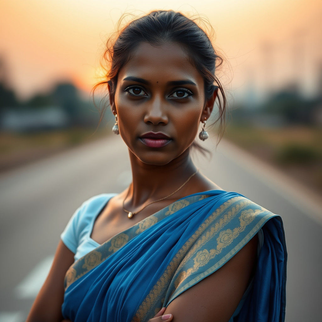 Elegant Bengali Woman in Blue Saree at Dusk