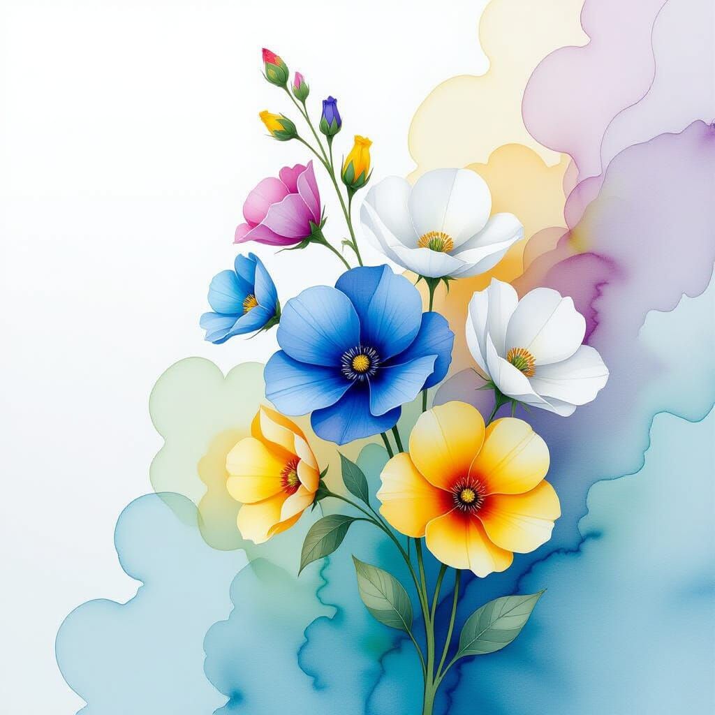 Vibrant Alcohol Ink Flowers on Single Stem, Blue, White, Yel...
