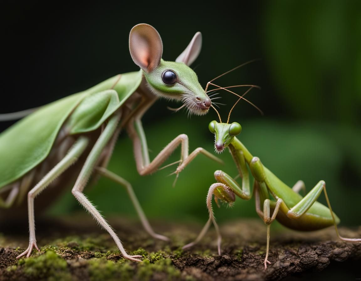 Mouse and Praying Mantis Hybrid in Lush Ecosystem