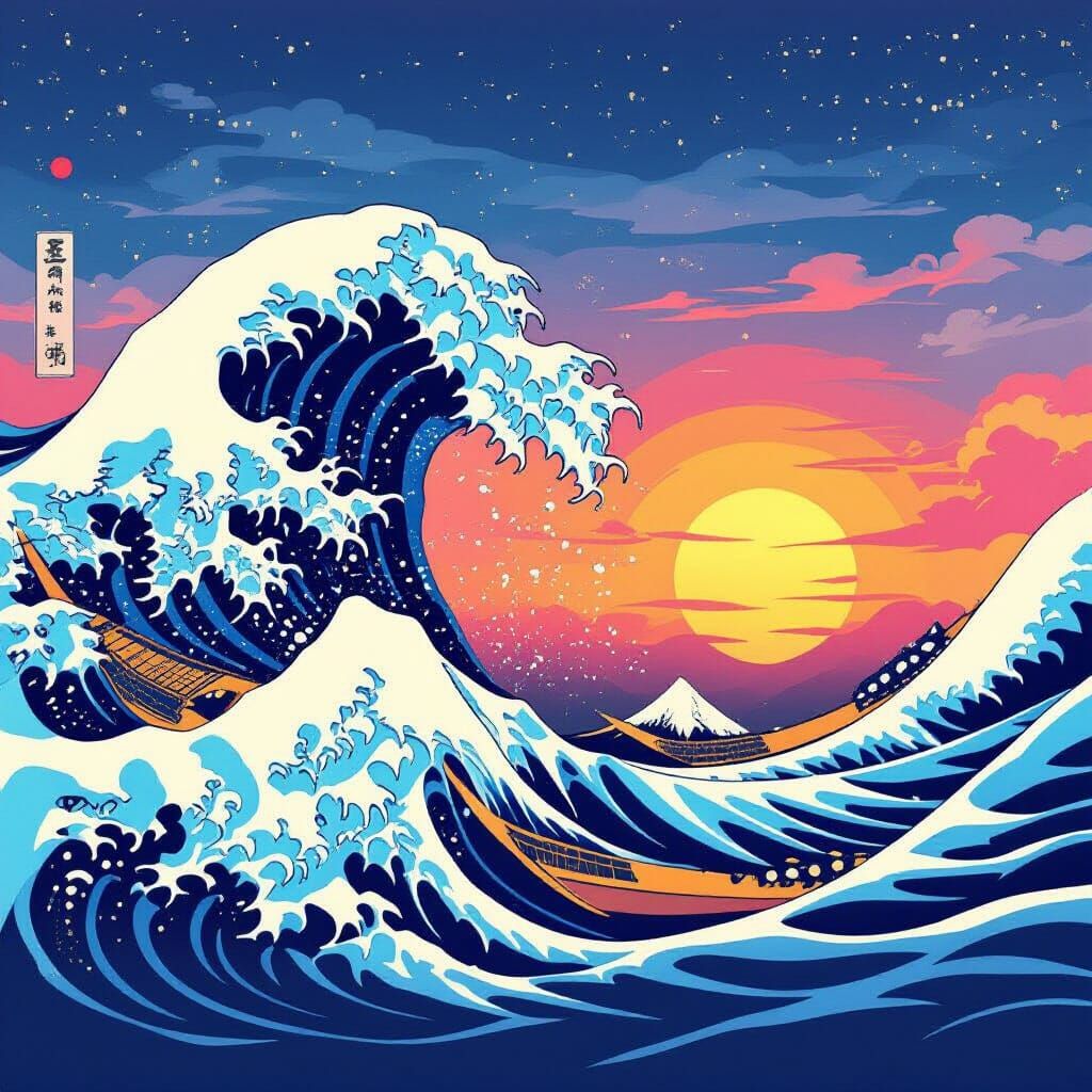 Airbrushed Wave Inspired by Hokusai and Alphonse Mucha