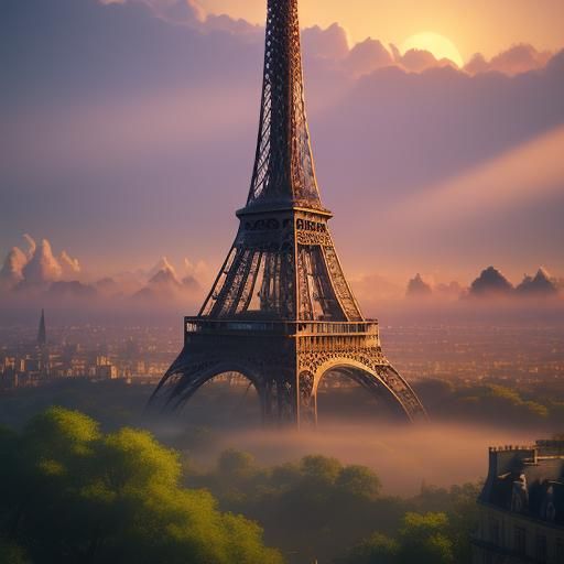 Eiffel Tower Sunset in Ethereal Fantasy Style