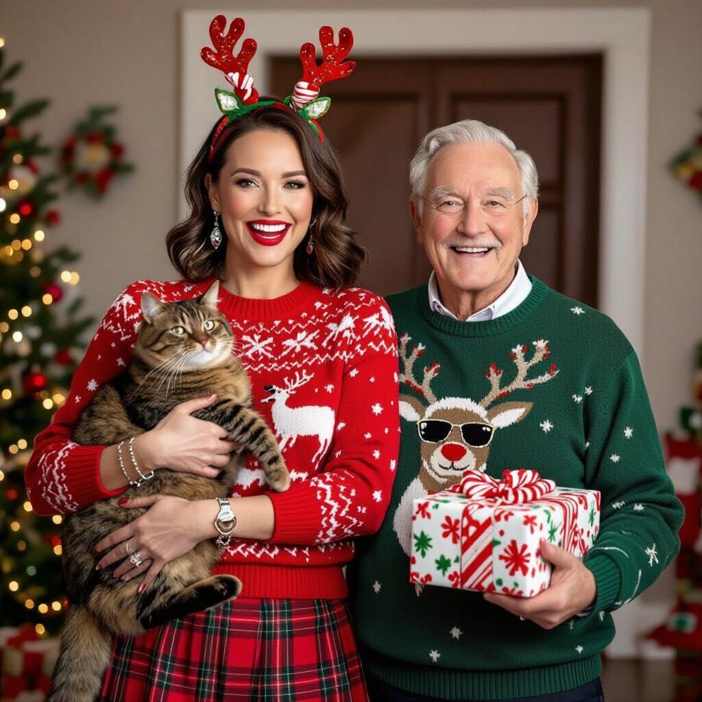 Festive Christmas Photo: Woman, Man, and Cat by Tree