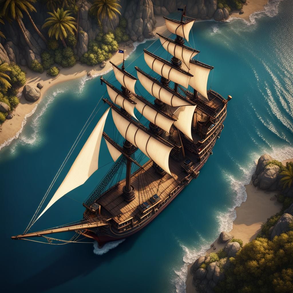Top-Down Pirate Ship: Detailed Fantasy Concept Art