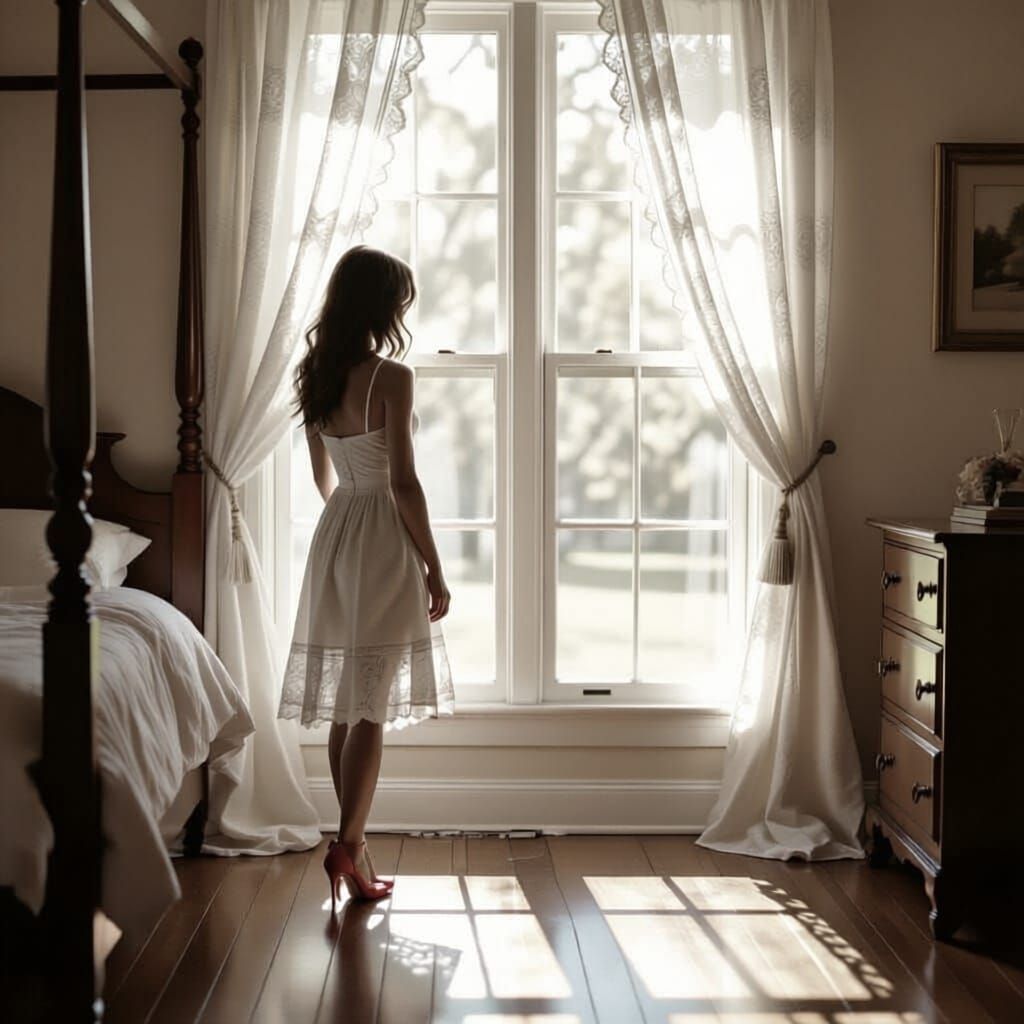 Sepia Photo of Lace Curtains and Red Stilettos