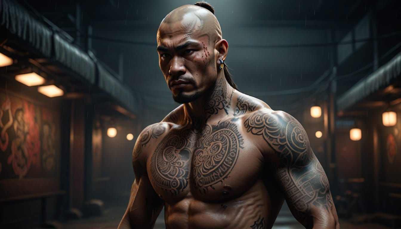 Muscular Muay Thai Fighter in a Moody, Hyper-Realistic 3D Re...