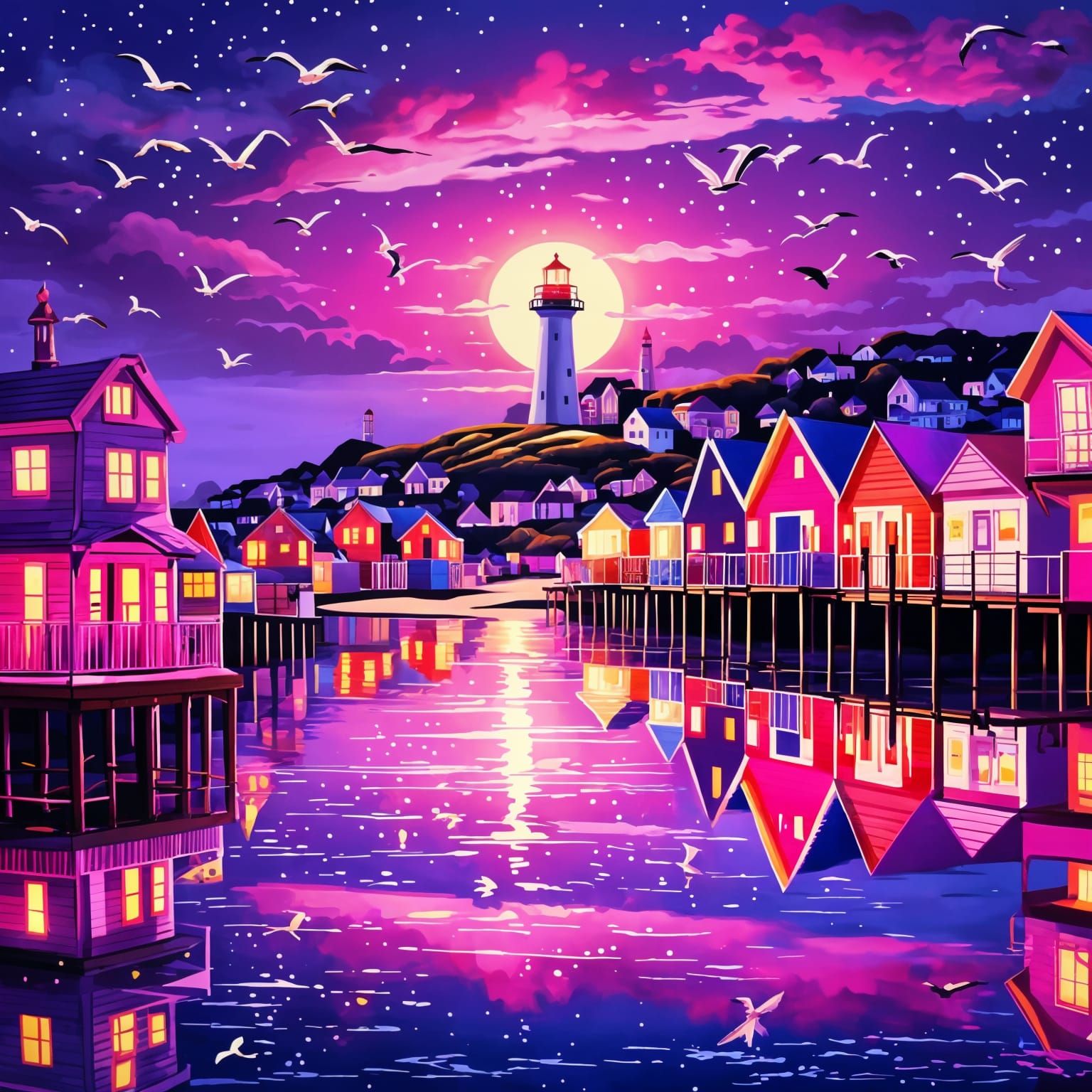 Neon Pink and Purple Fairground at Sunset