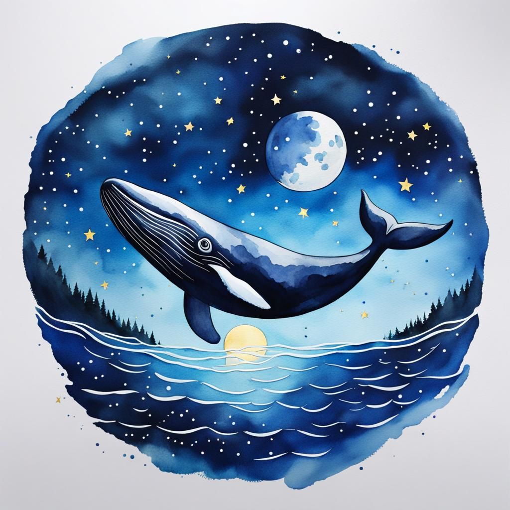 Watercolor Whale Leaping Under Starry Night