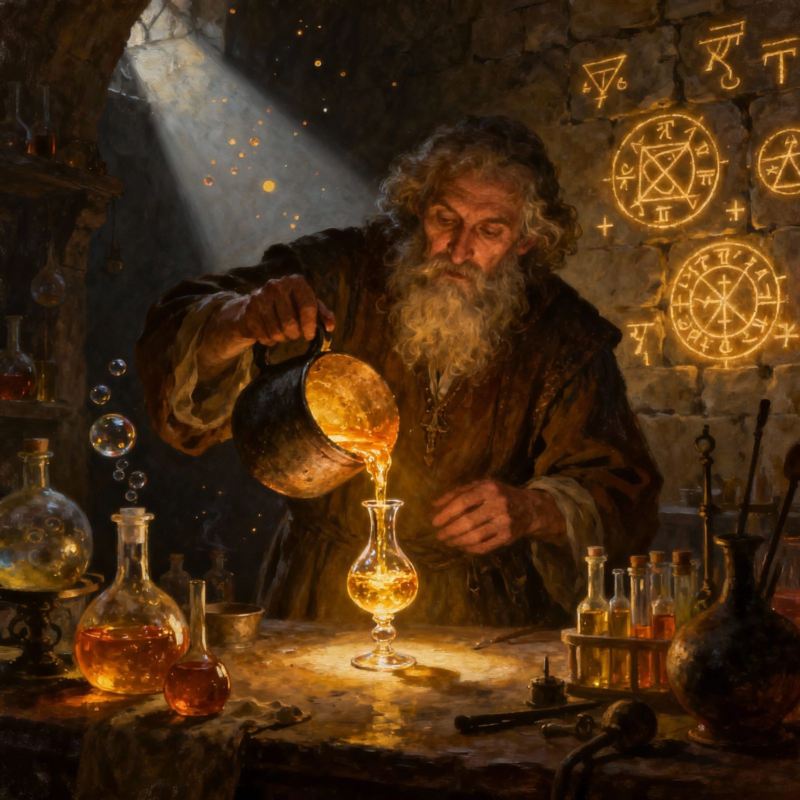 Alchemist Pours Molten Gold in Dimly Lit Lab