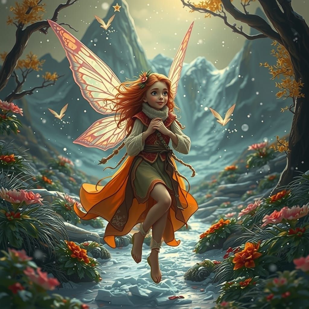 Red-Haired Fairy Over Snowy Mountain Landscape