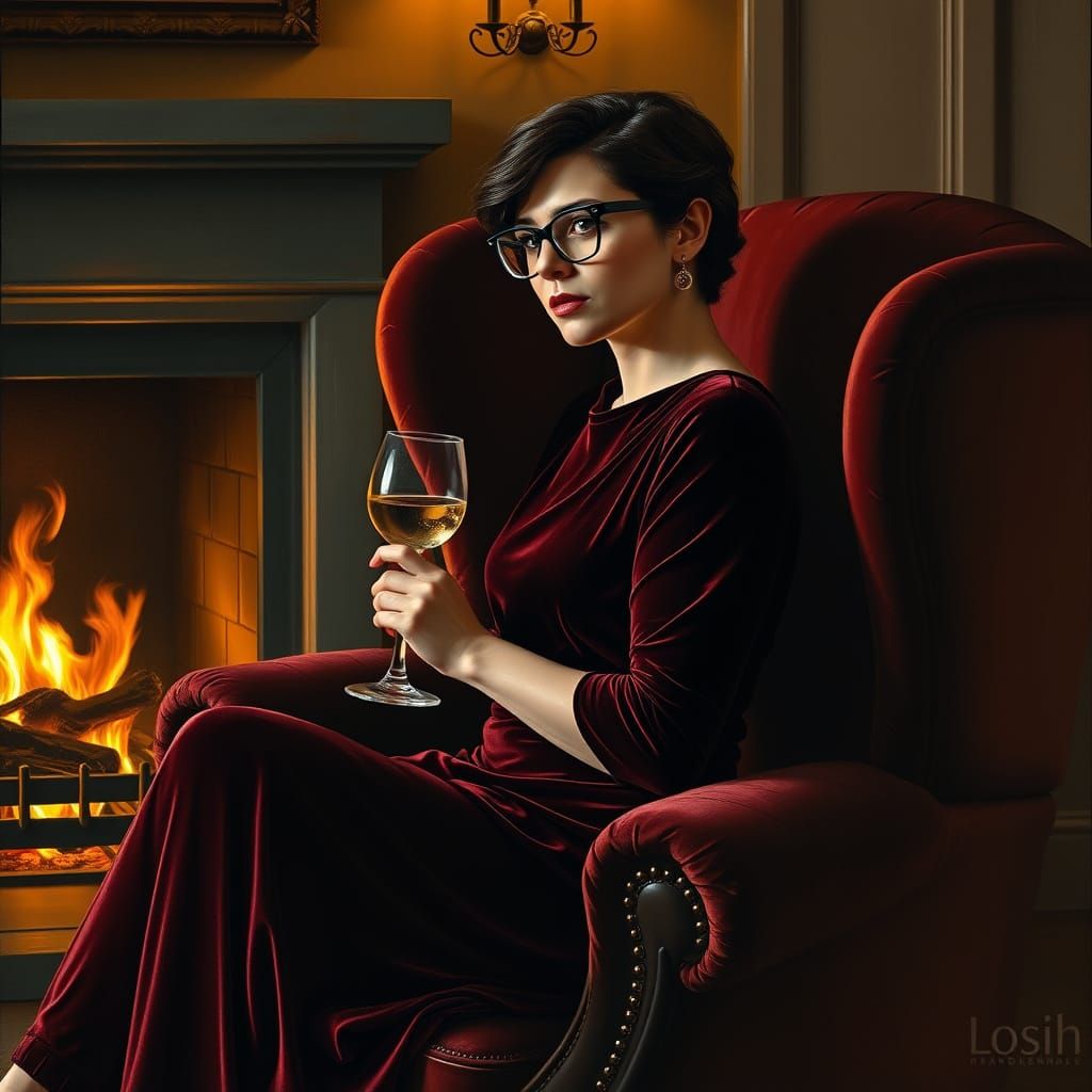 Woman in Velvet Dress by Fireplace: Matte Painting