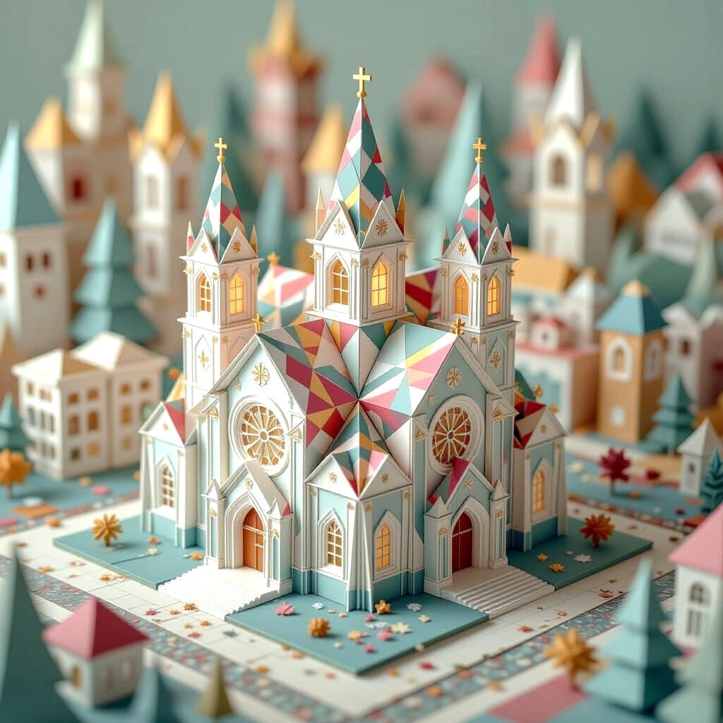 Paper City Church in Kaleidoscopic Origami Style