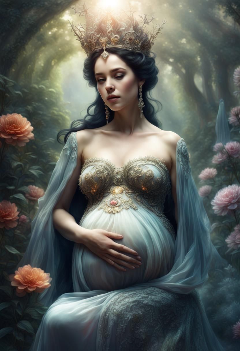 Pregnant Empress in Garden with Light Aura