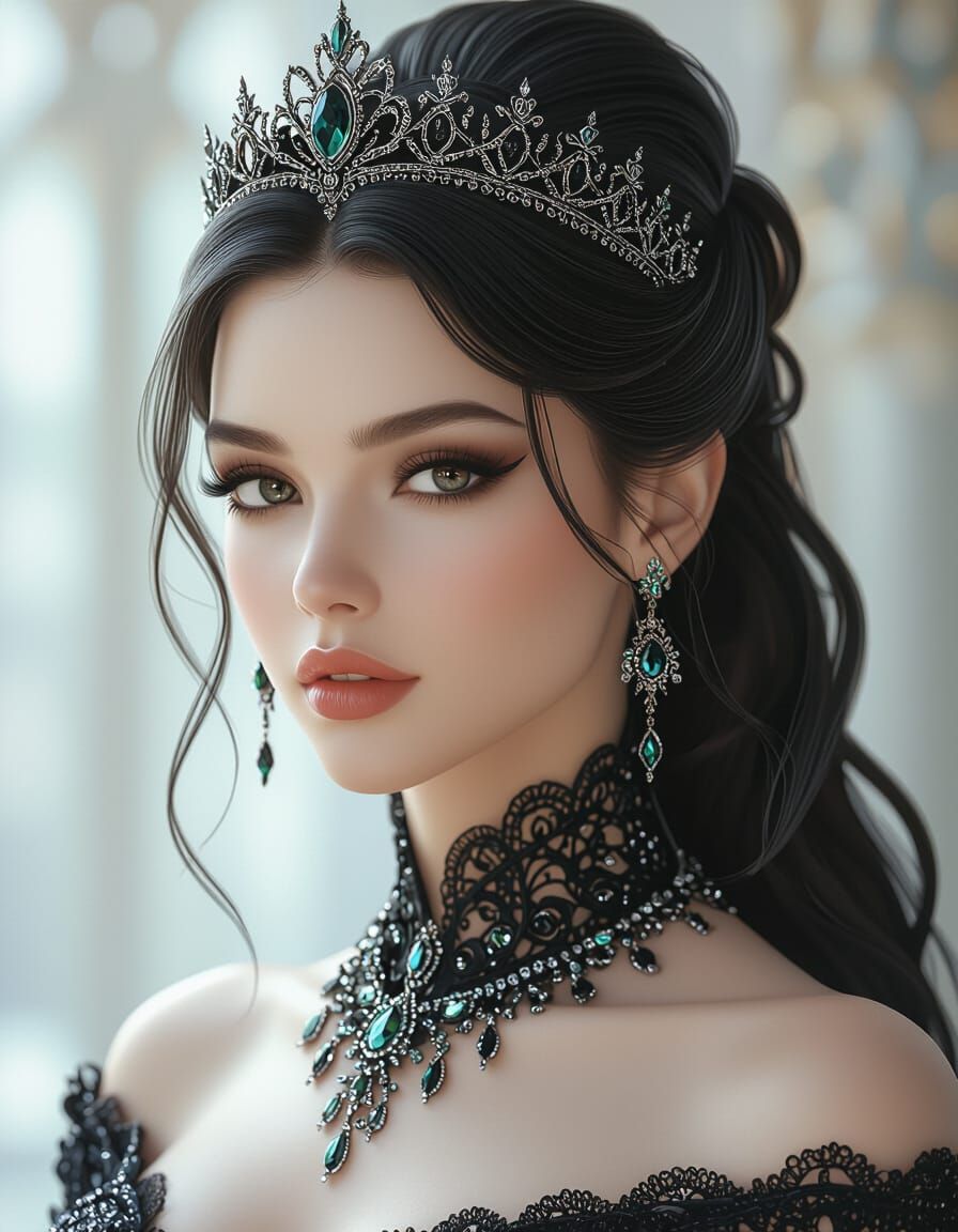 Woman in Intricate Black Dress with Futuristic Jewelry