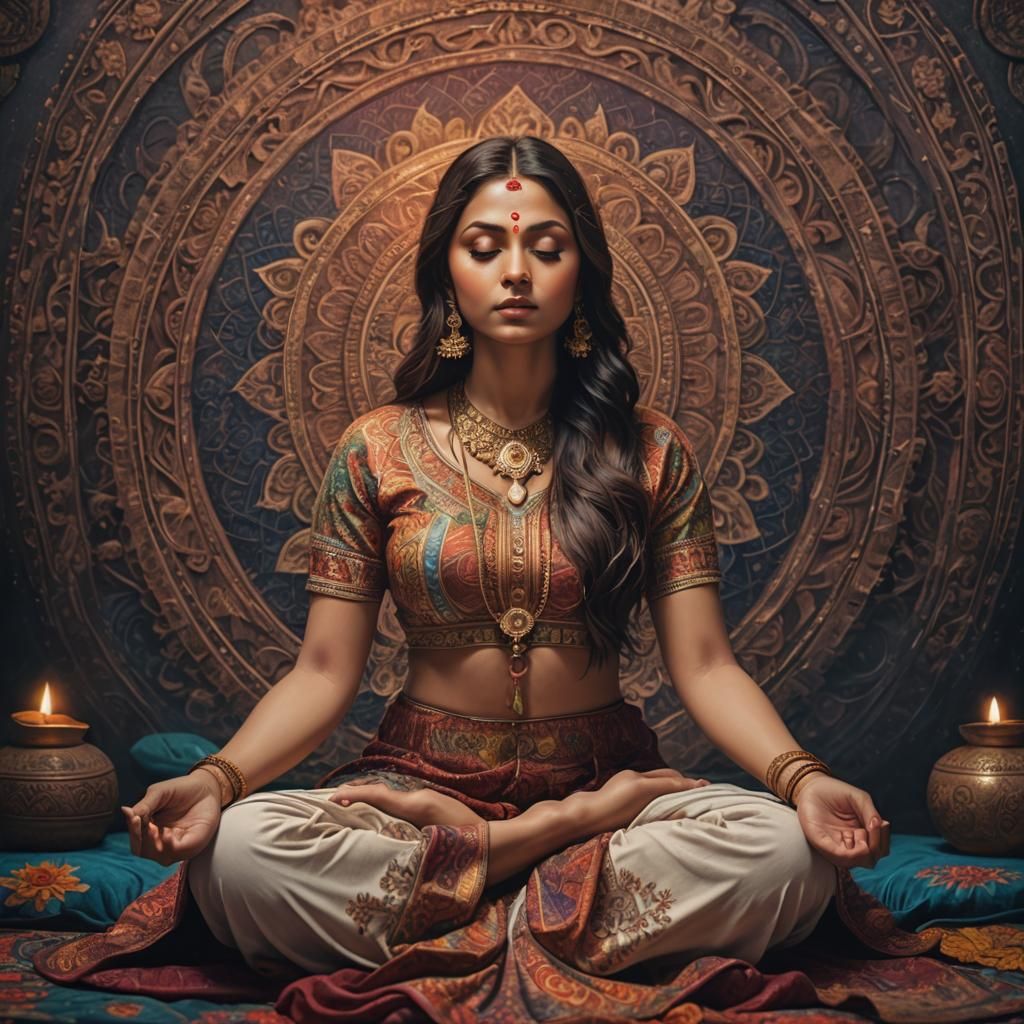 Meditating Indian Woman in a Surreal Studio