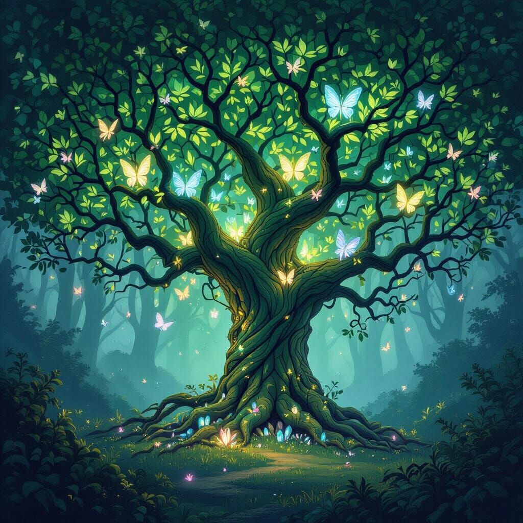 Ancient Bioluminescent Tree in Misty Enchanted Forest