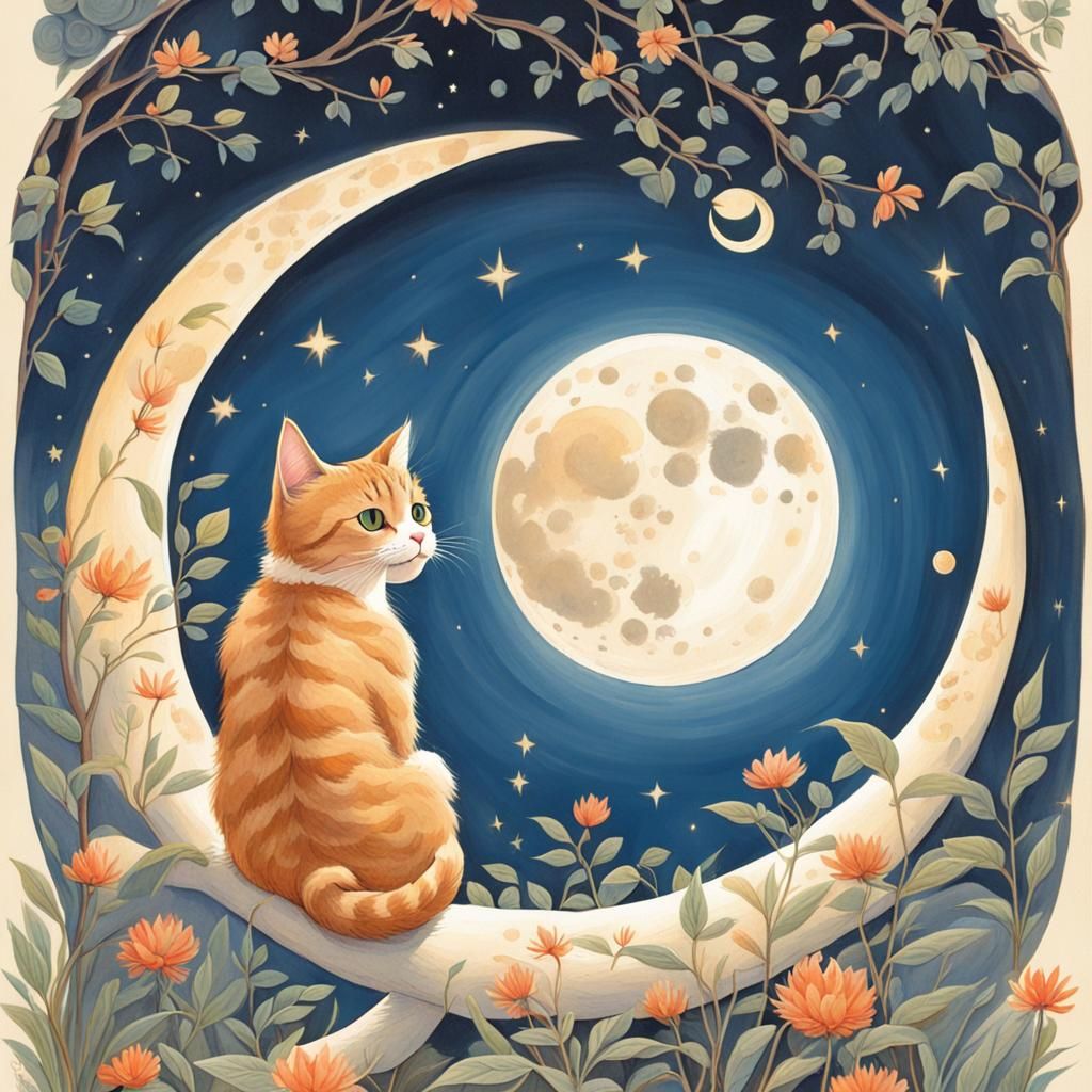 Cat Watching Moon in Storybook Illustration Style