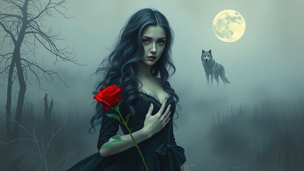 Ethereal Victorian Woman with Wolf in Moonlit Marsh