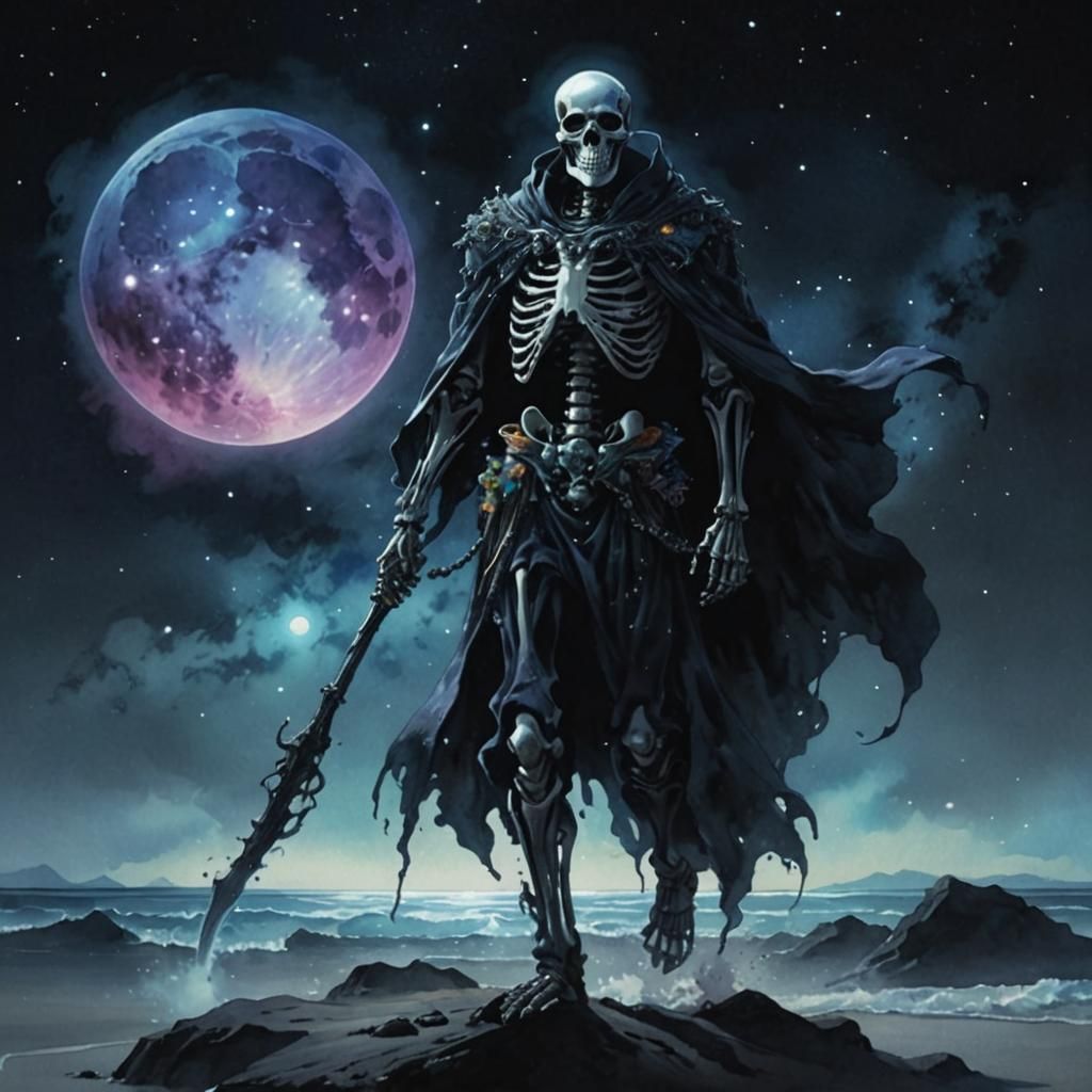 Nebula Skeleton on Magical Beach: 80s Anime Watercolor