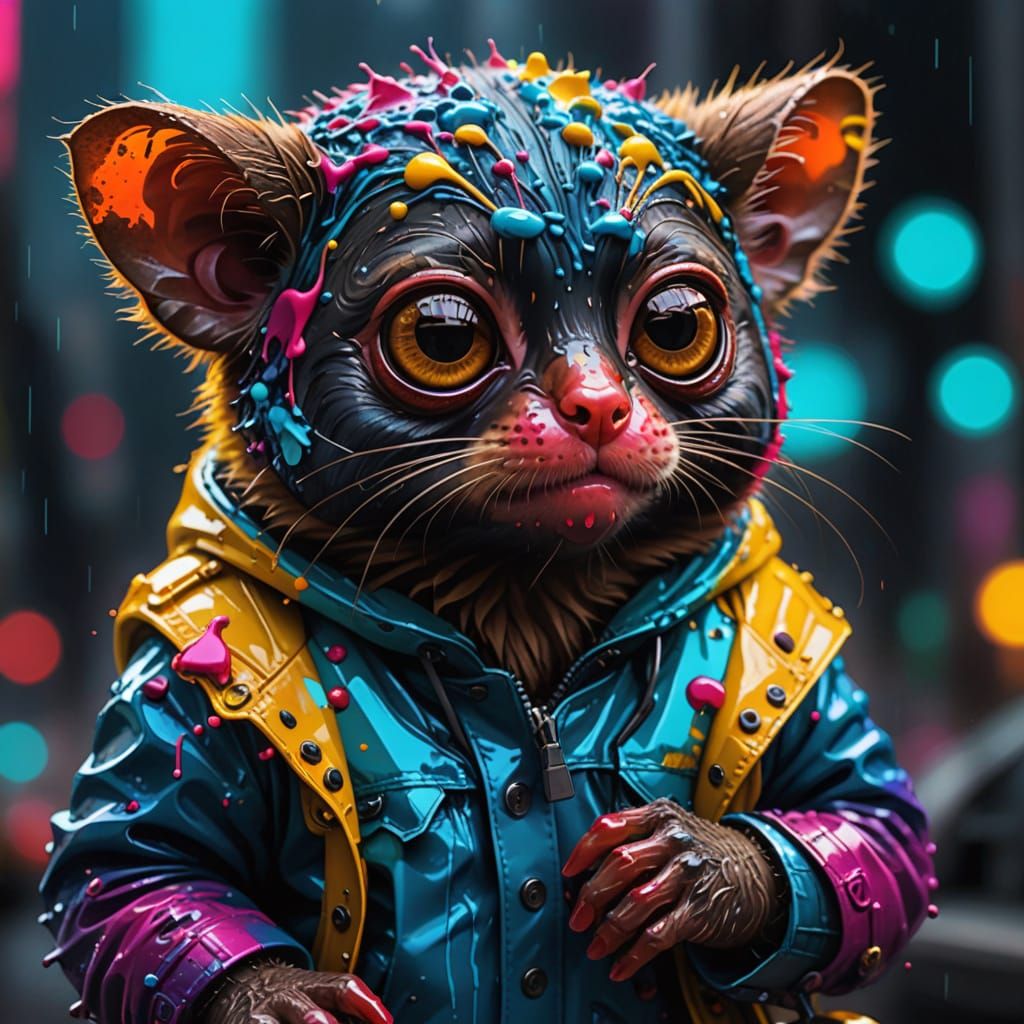 Vibrant Street Art Masterpiece with Tarsiers in Bright Color...