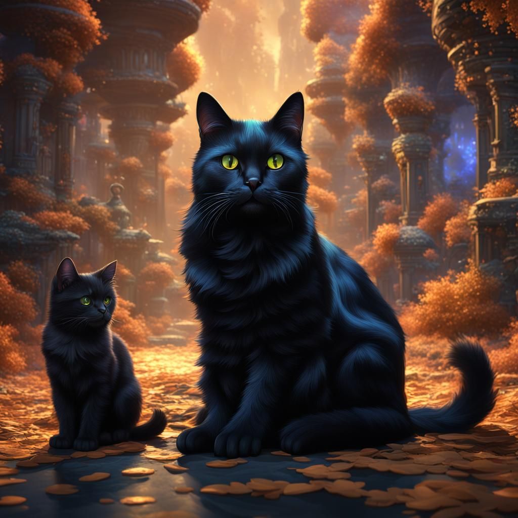Two Black Cats in Detailed Fantasy Art