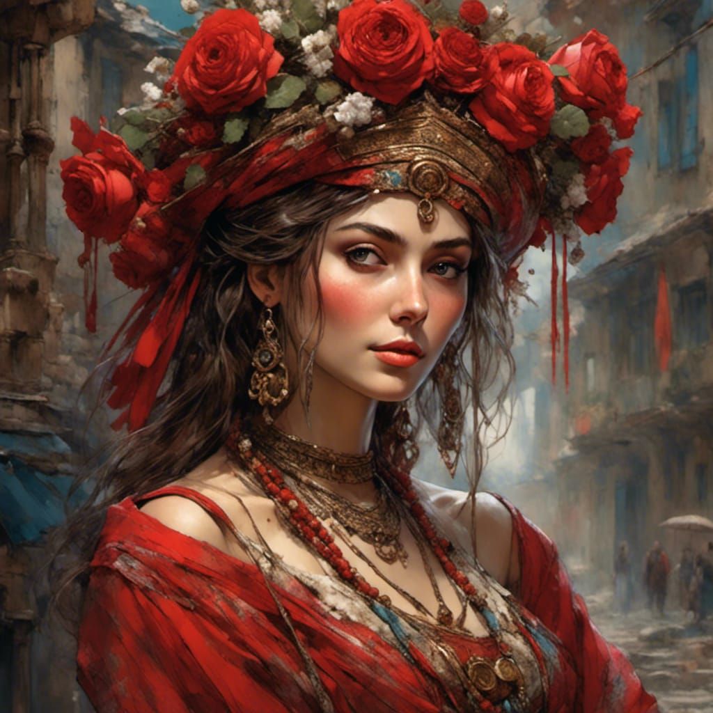 Bulgarian Woman in Red Dress with Roses