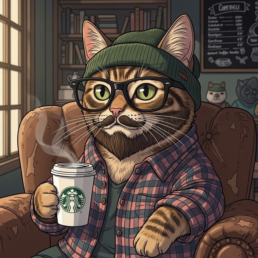 Hipster Cat with Coffee in Cozy Coffee Shop