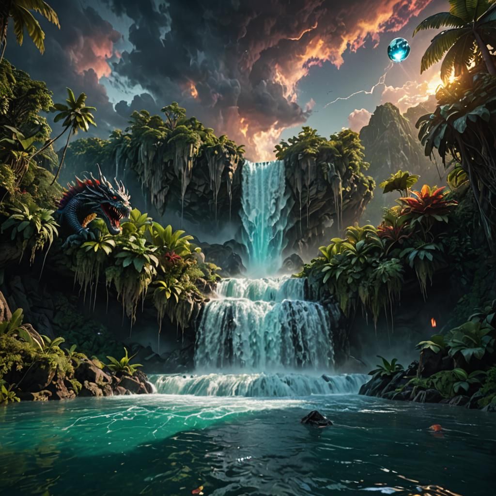 Epic Waterfall Scene with Dragon and Glowing Orb